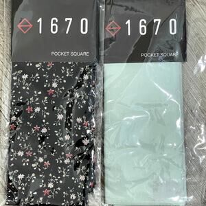2pc Set 1670 Cotton Pocket Square - Black Mini Floral - Mint Green Solid - $30
